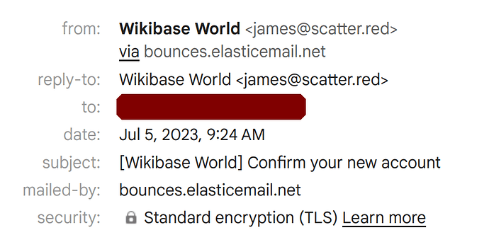 Screenshot of the details popup in Gmail. It displays the following details: from: Wikibase World james@scatter.red via bounces.elasticemail.net, reply-to: Wikibase World james@scatter.red, subject: [Wikibase World] Confirm your new account, mailed-by: bounces.elasticemail.net